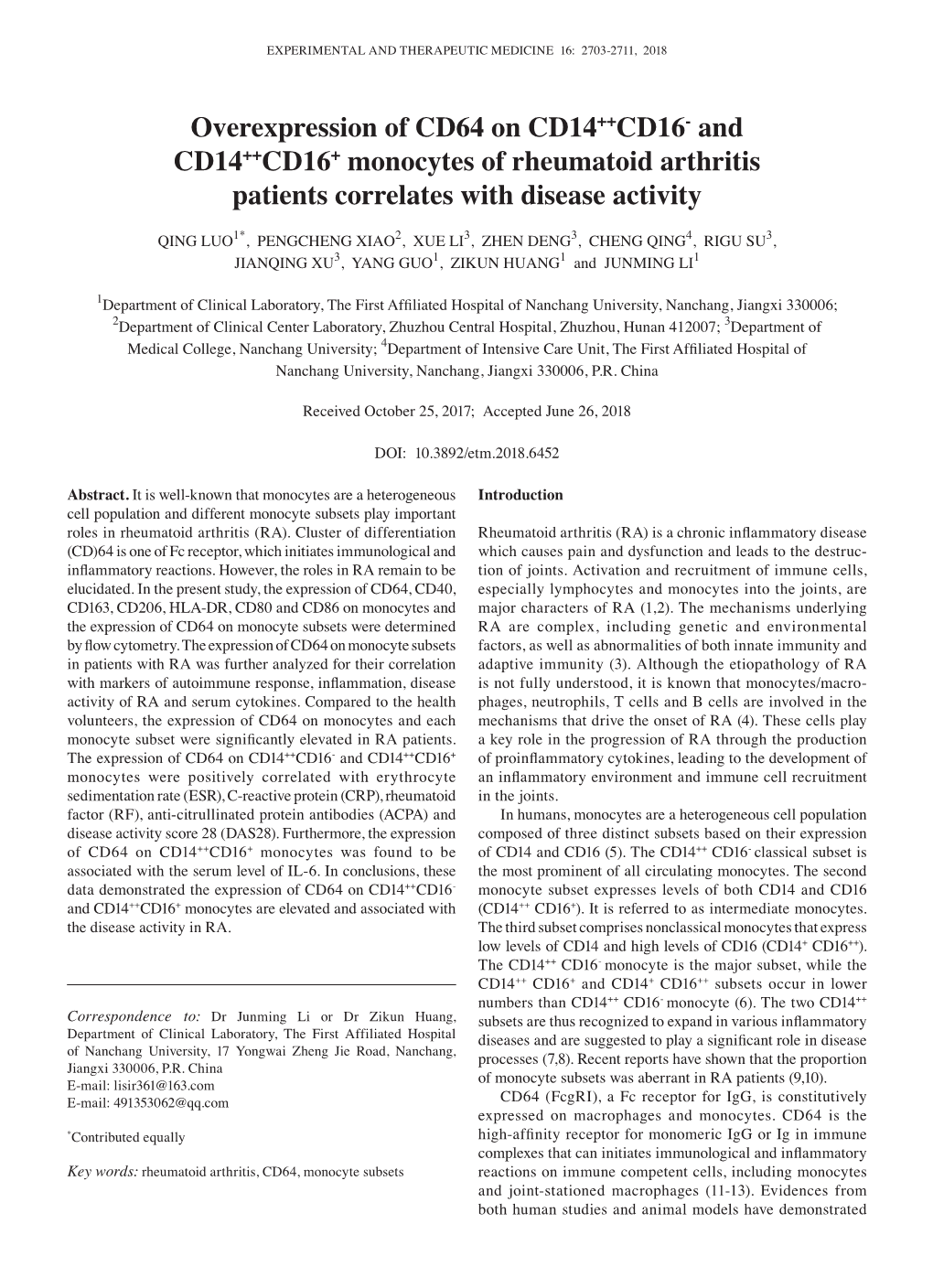 And CD14++CD16+ Monocytes of Rheumatoid Arthritis Patients Correlates with Disease Activity