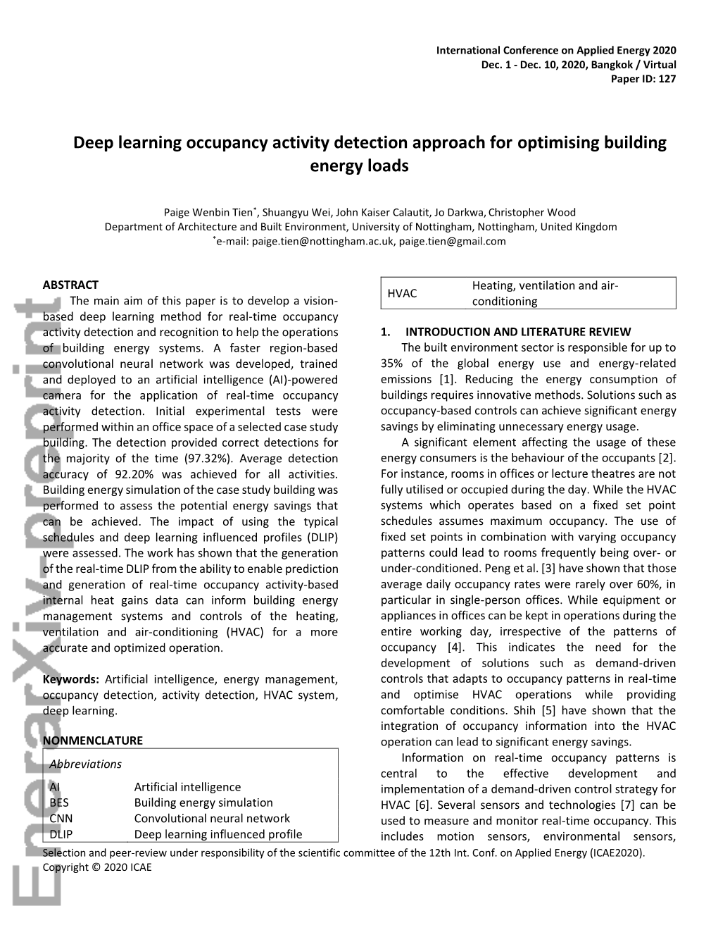 Deep Learning Occupancy Activity Detection Approach for Optimising Building Energy Loads