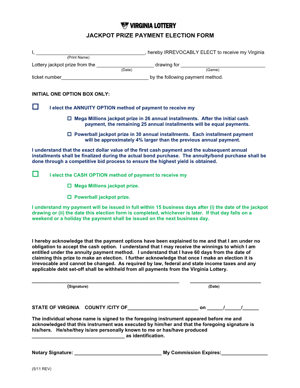 Jackpot Prize Payment Election Form