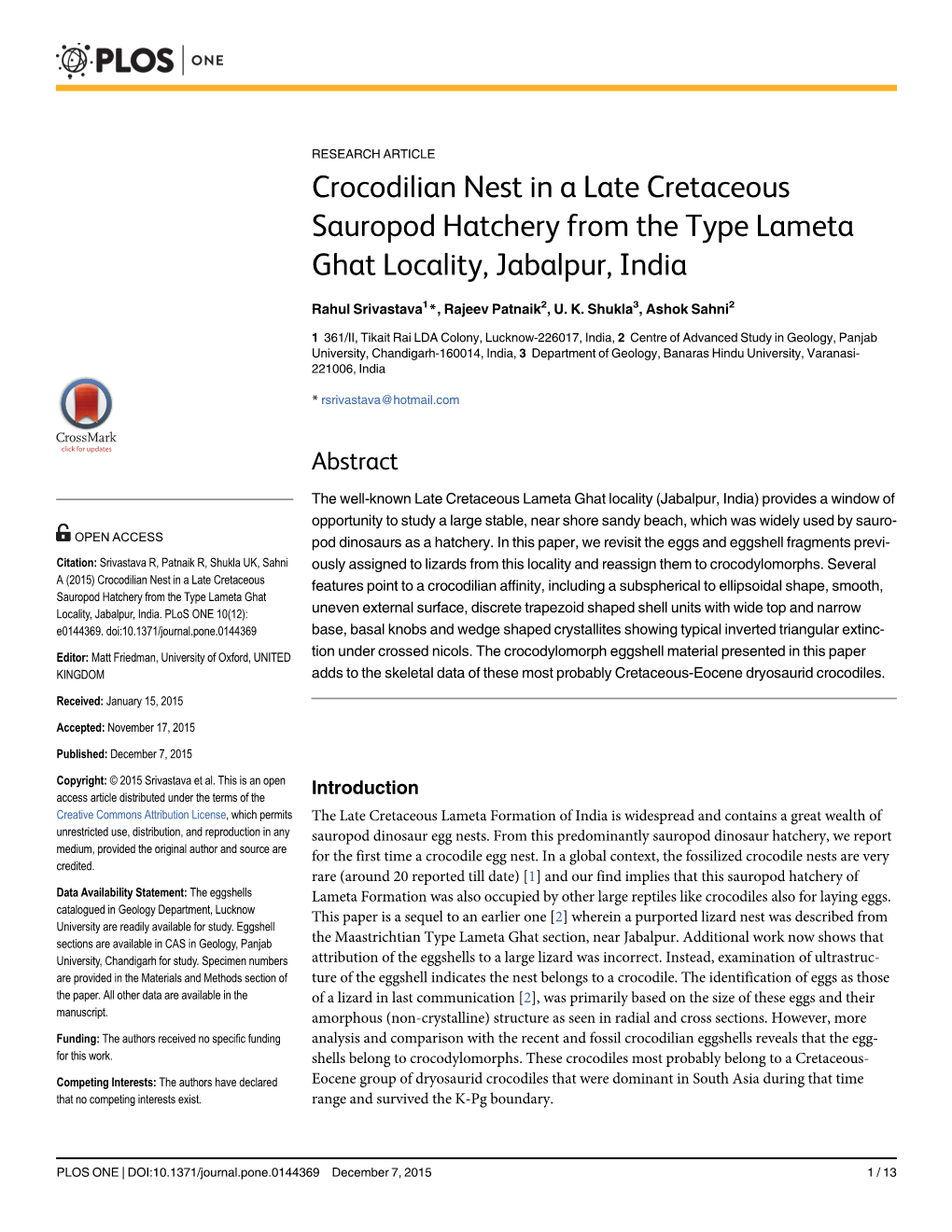 Crocodilian Nest in a Late Cretaceous Sauropod Hatchery from the Type Lameta Ghat Locality, Jabalpur, India