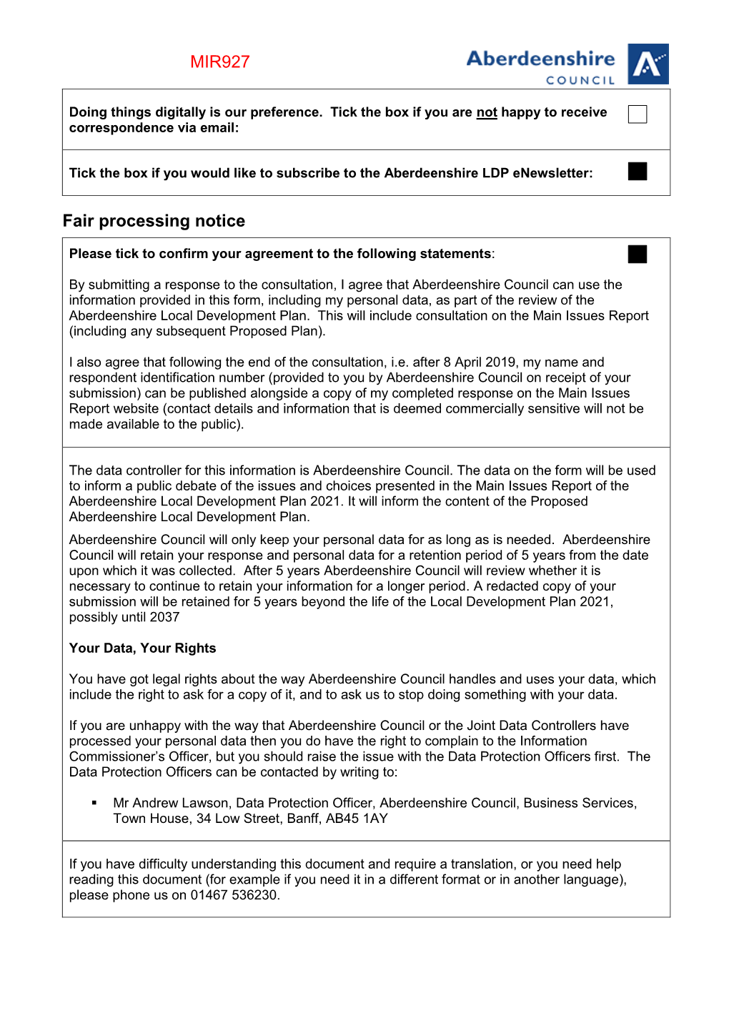 Fair Processing Notice MIR927