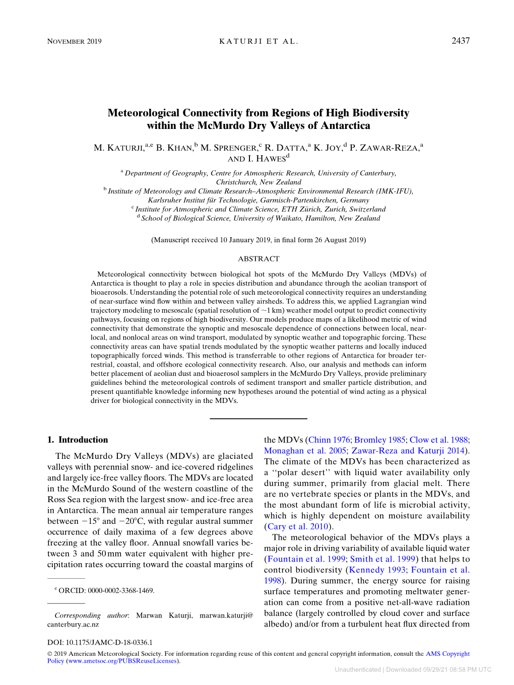 Meteorological Connectivity from Regions of High Biodiversity Within the Mcmurdo Dry Valleys of Antarctica