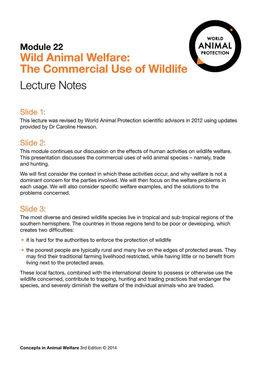 Wild Animal Welfare: the Commercial Use of Wildlife Lecture Notes