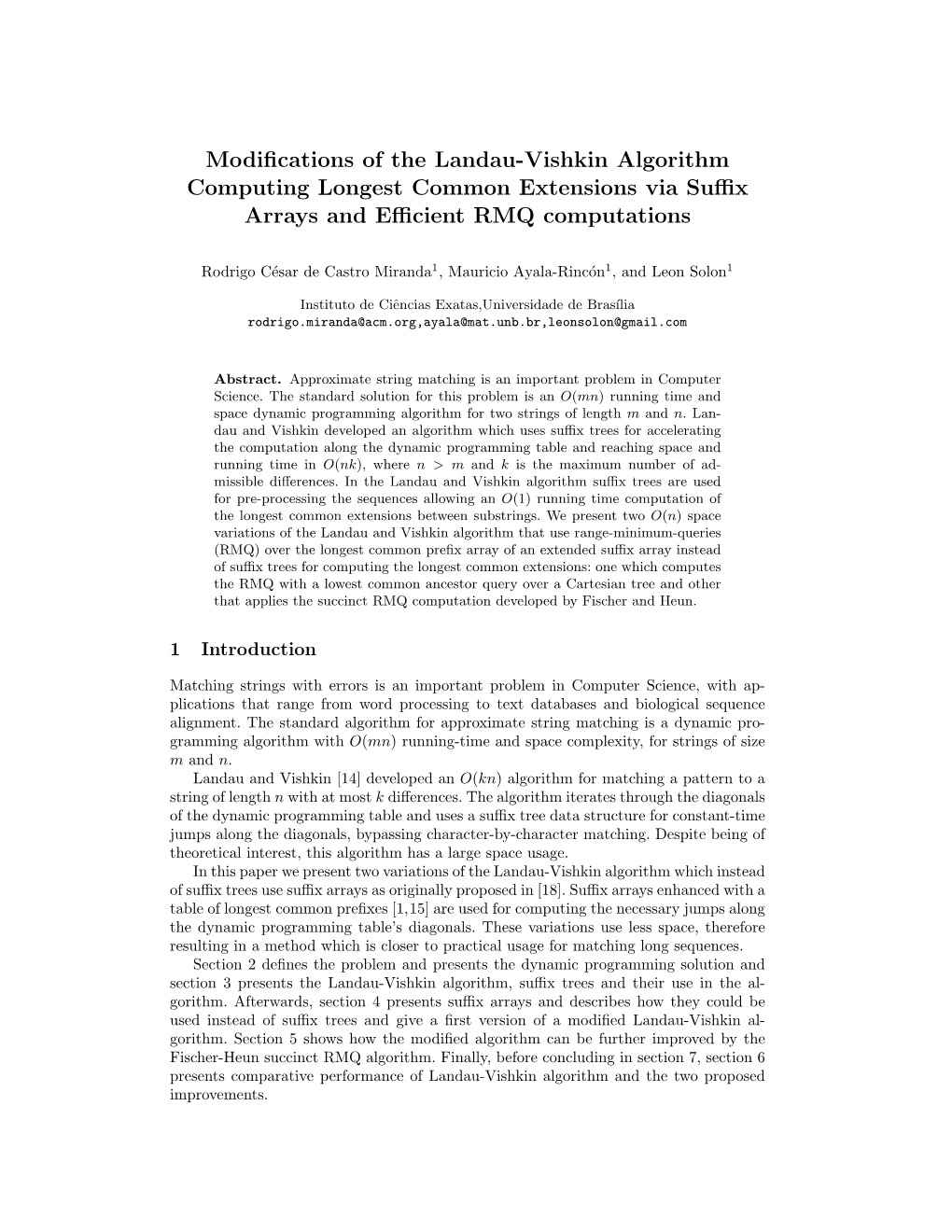 Modifications of the Landau-Vishkin Algorithm Computing Longest