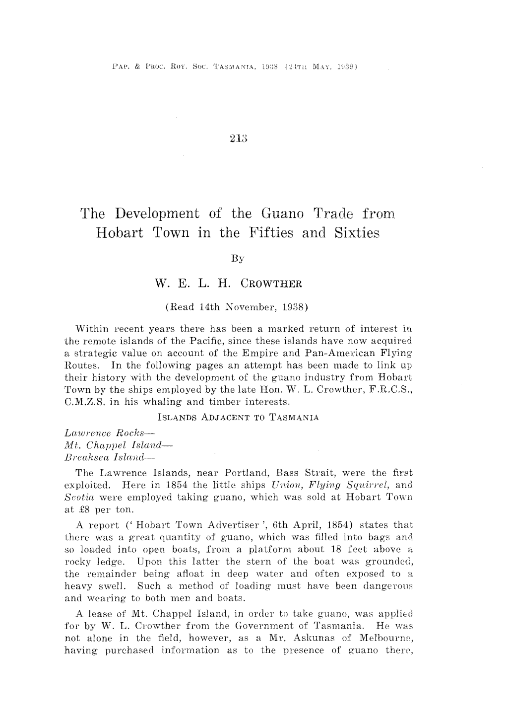 The Development of the Guano Trade from Hobart Town in the Fifties and Sixties