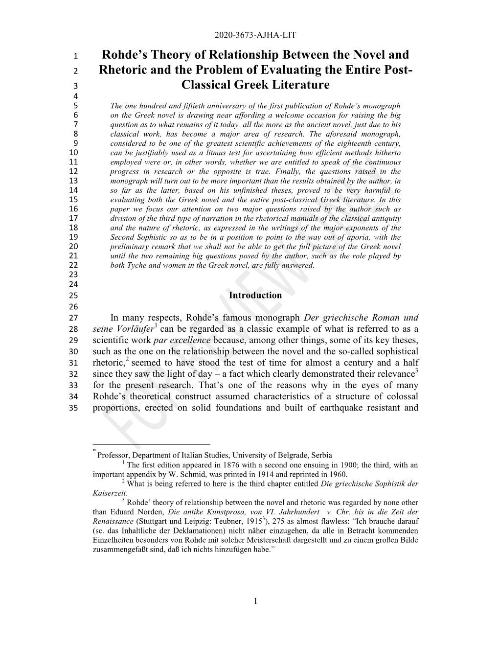 Rohde's Theory of Relationship Between the Novel and Rhetoric