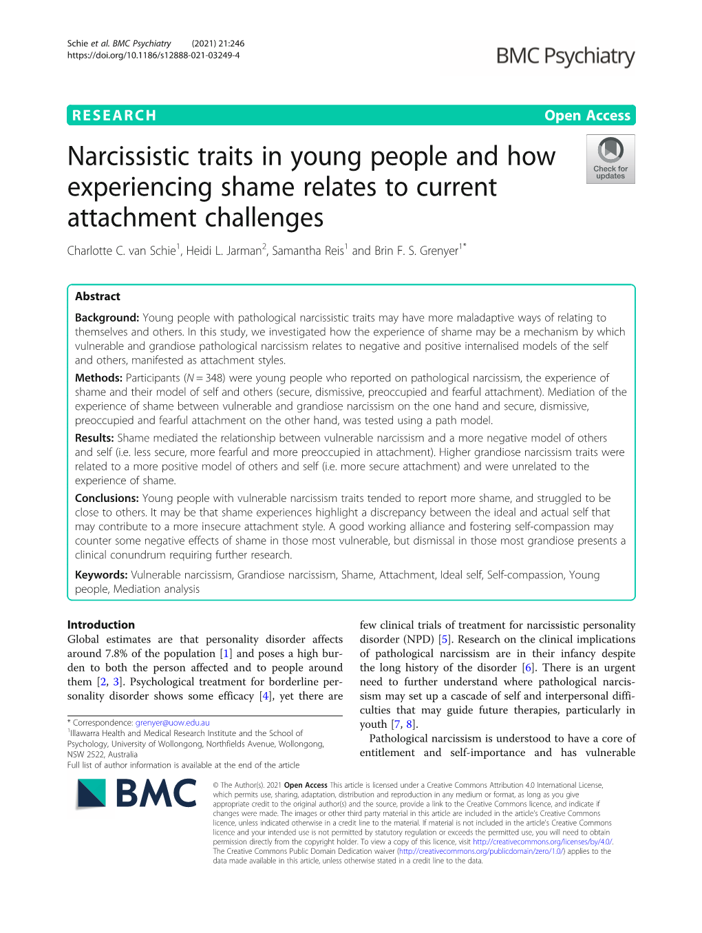 Narcissistic Traits in Young People and How Experiencing Shame Relates to Current Attachment Challenges Charlotte C