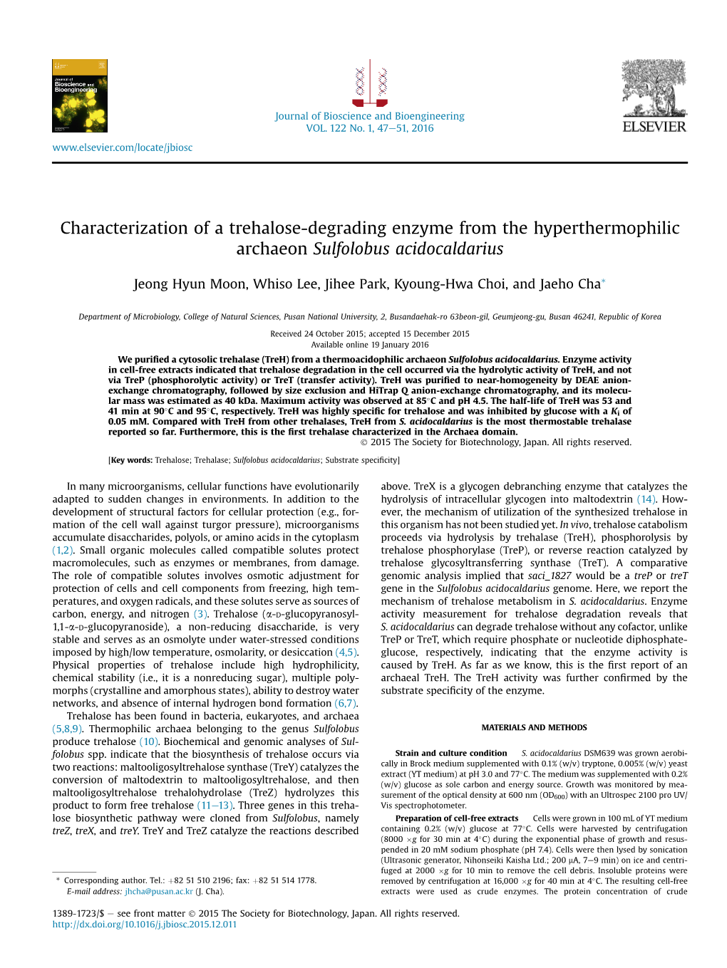 Characterization of a Trehalose-Degrading Enzyme from the Hyperthermophilic Archaeon Sulfolobus Acidocaldarius