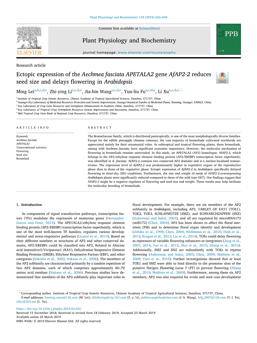 Ectopic Expression of the Aechmea Fasciata APETALA2 Gene Afap2-2