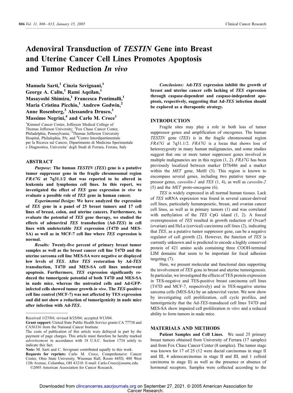 Adenoviral Transduction of TESTIN Gene Into Breast and Uterine Cancer Cell Lines Promotes Apoptosis and Tumor Reduction in Vivo