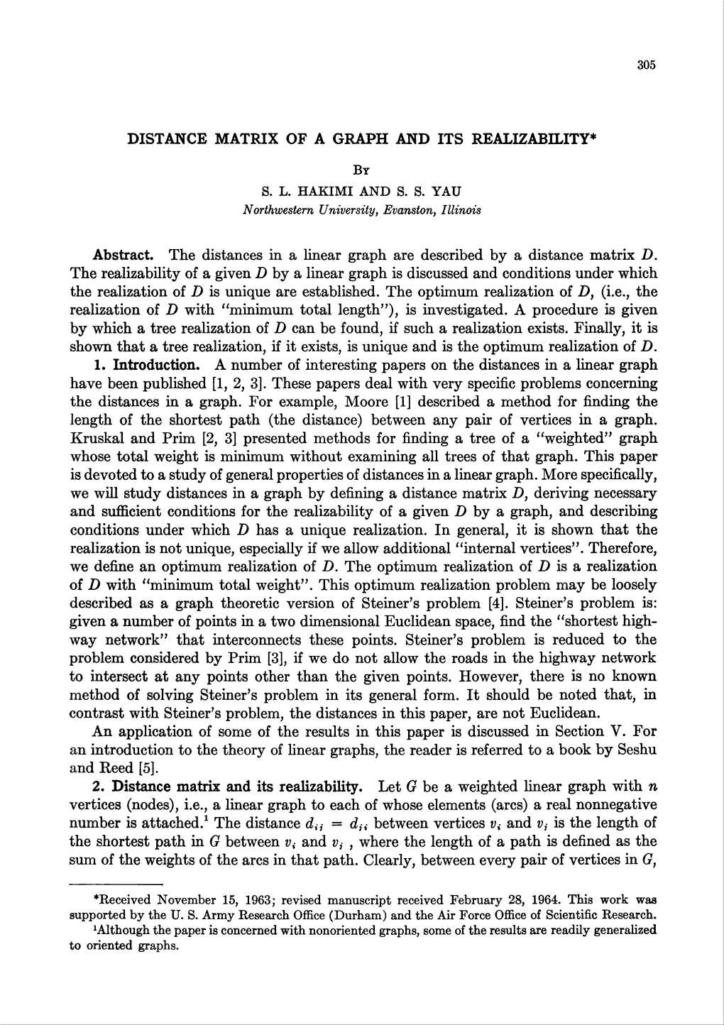 Distance Matrix of a Graph and Its Realizability*