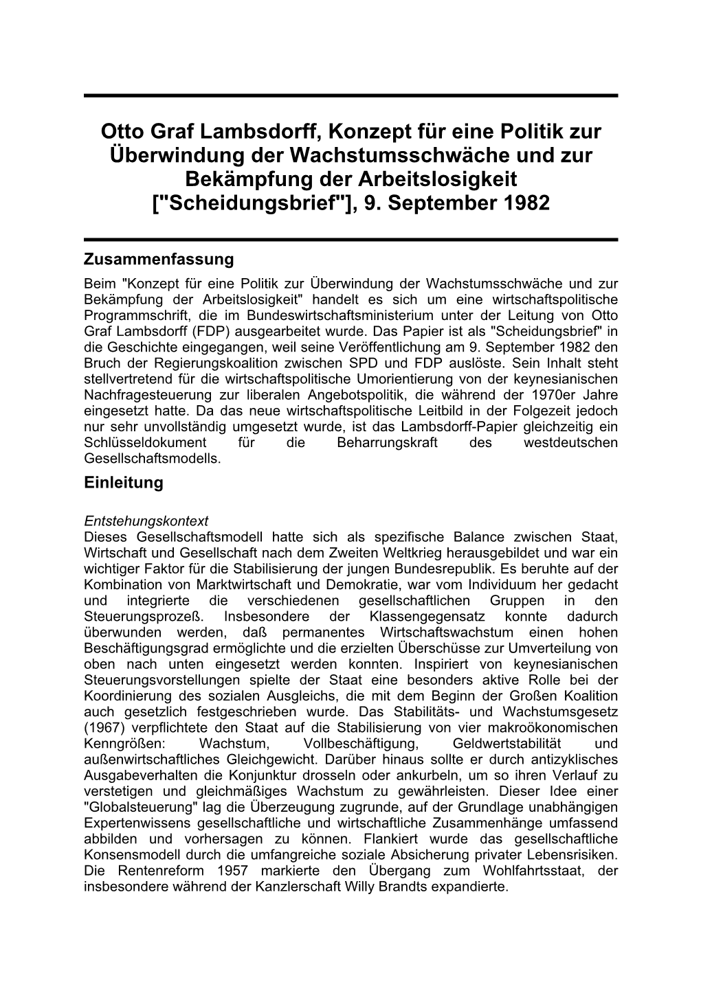 Otto Graf Lambsdorff, Konzept Für Eine Politik Zur Überwindung Der Wachstumsschwäche Und Zur Bekämpfung Der Arbeitslosigkeit [