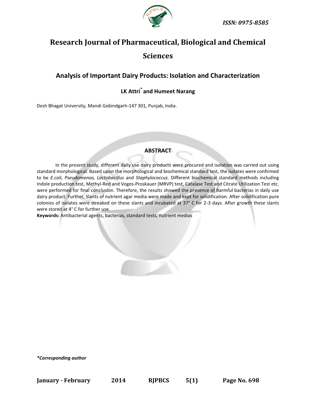 Research Journal of Pharmaceutical, Biological and Chemical Sciences