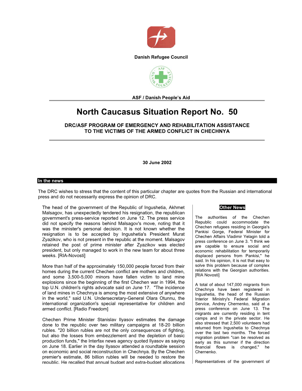 North Caucasus Situation Report No. 50