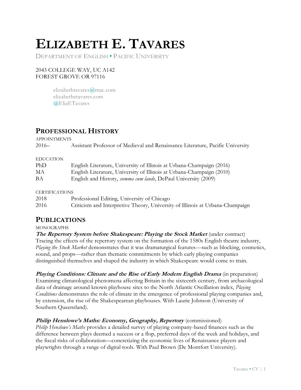 Elizabeth E. Tavares Department of English • Pacific University