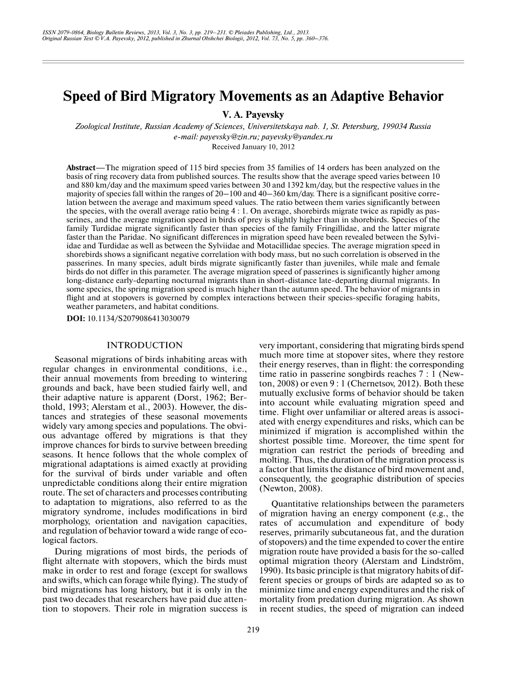 Speed of Bird Migratory Movements As an Adaptive Behavior V