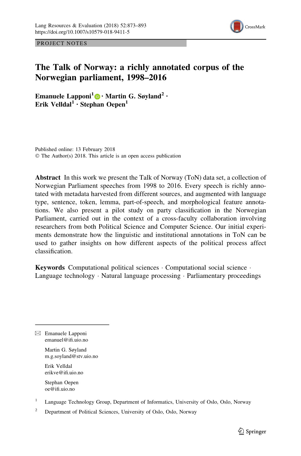 A Richly Annotated Corpus of the Norwegian Parliament, 1998–2016