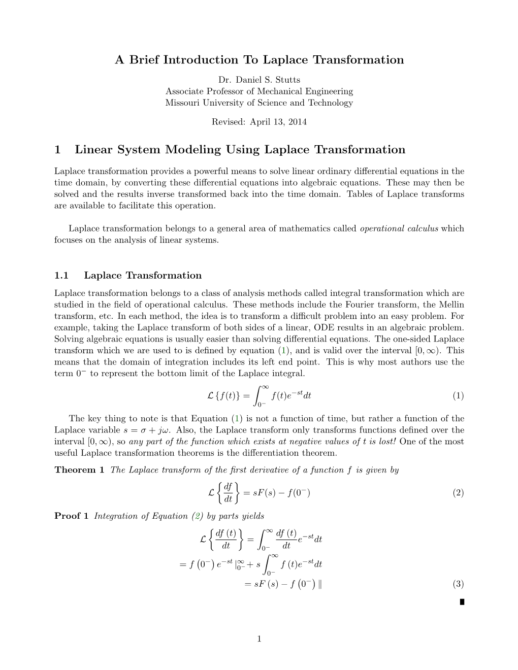 1 Linear System Modeling Using Laplace Transformation