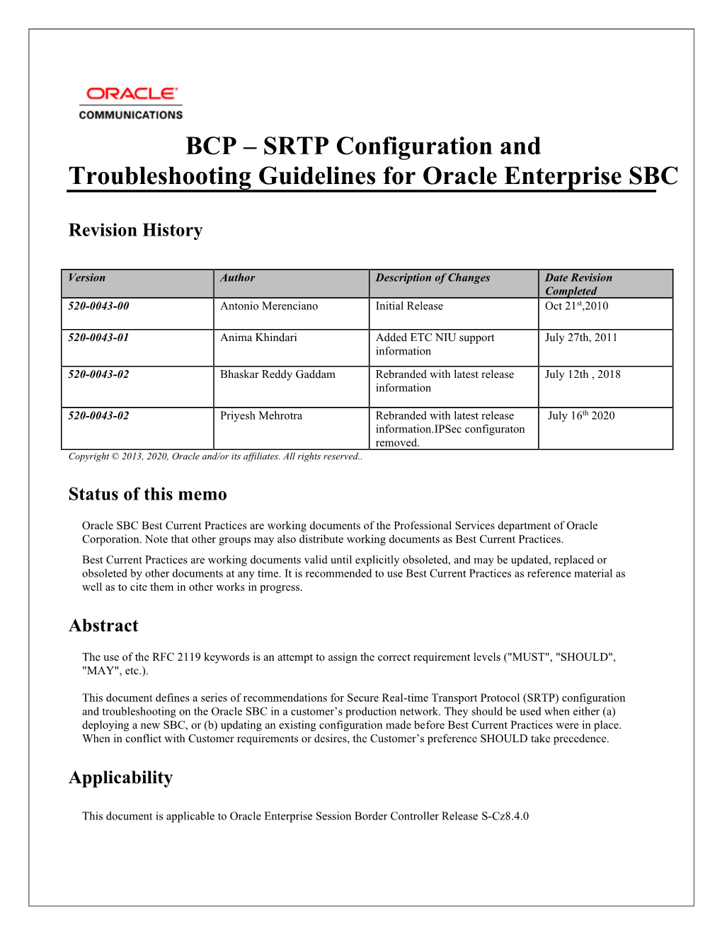 BCP – SRTP Configuration and Troubleshooting Guidelines for Oracle Enterprise SBC