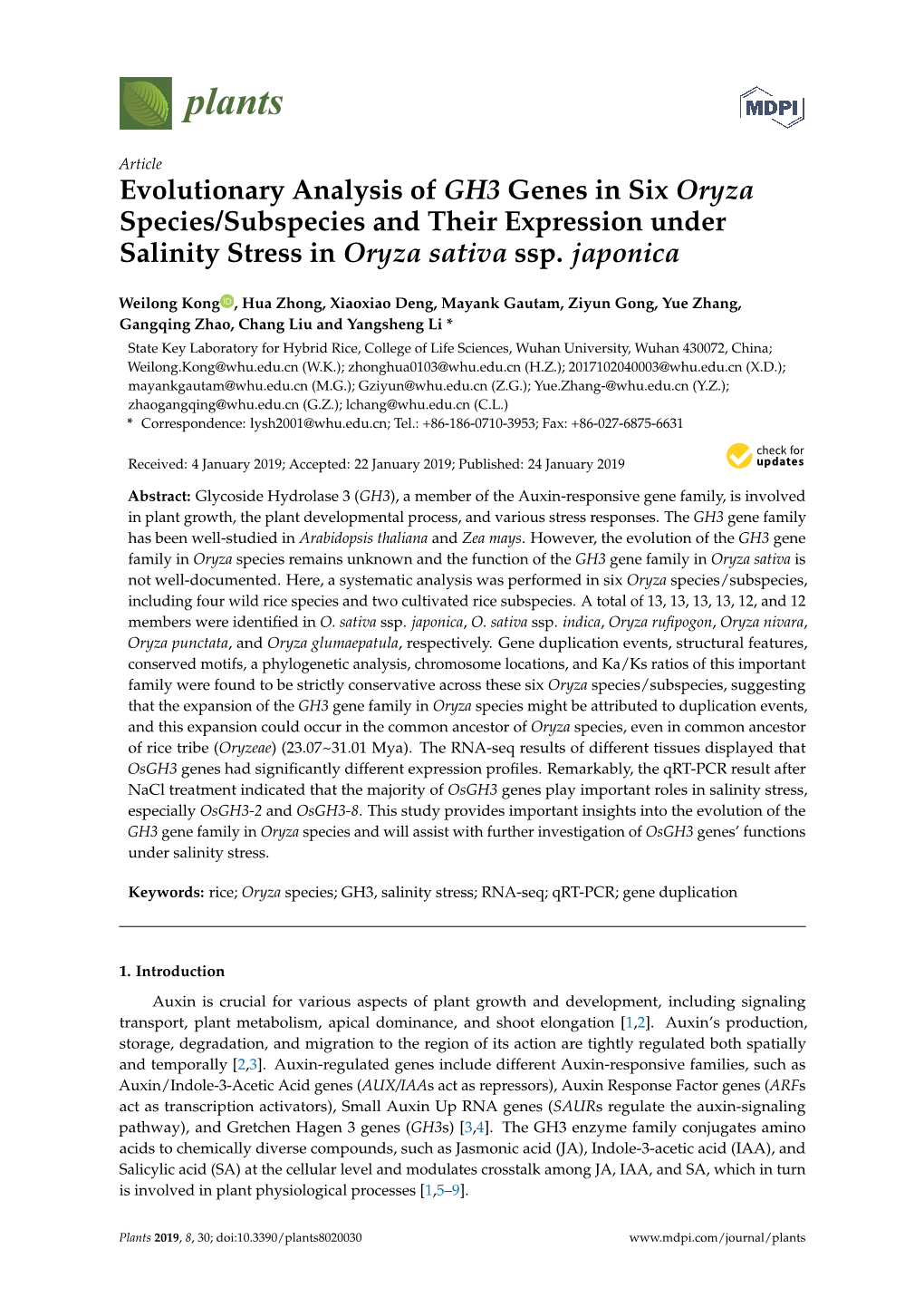 Evolutionary Analysis of GH3 Genes in Six Oryza Species/Subspecies and Their Expression Under Salinity Stress in Oryza Sativa Ssp