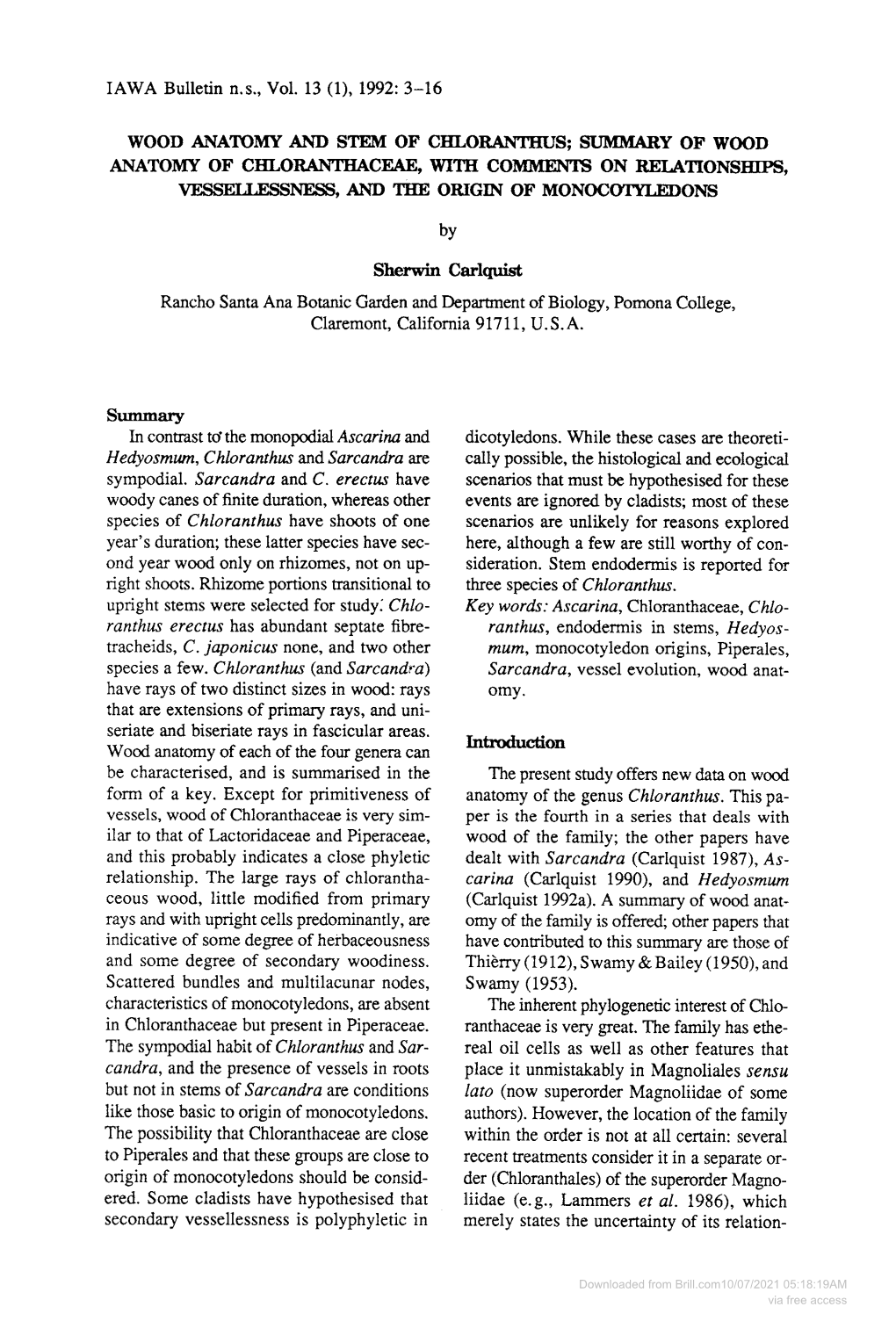 Downloaded from Brill.Com10/07/2021 05:18:19AM Via Free Access 4 IAWA Bulletin N.S., Vol