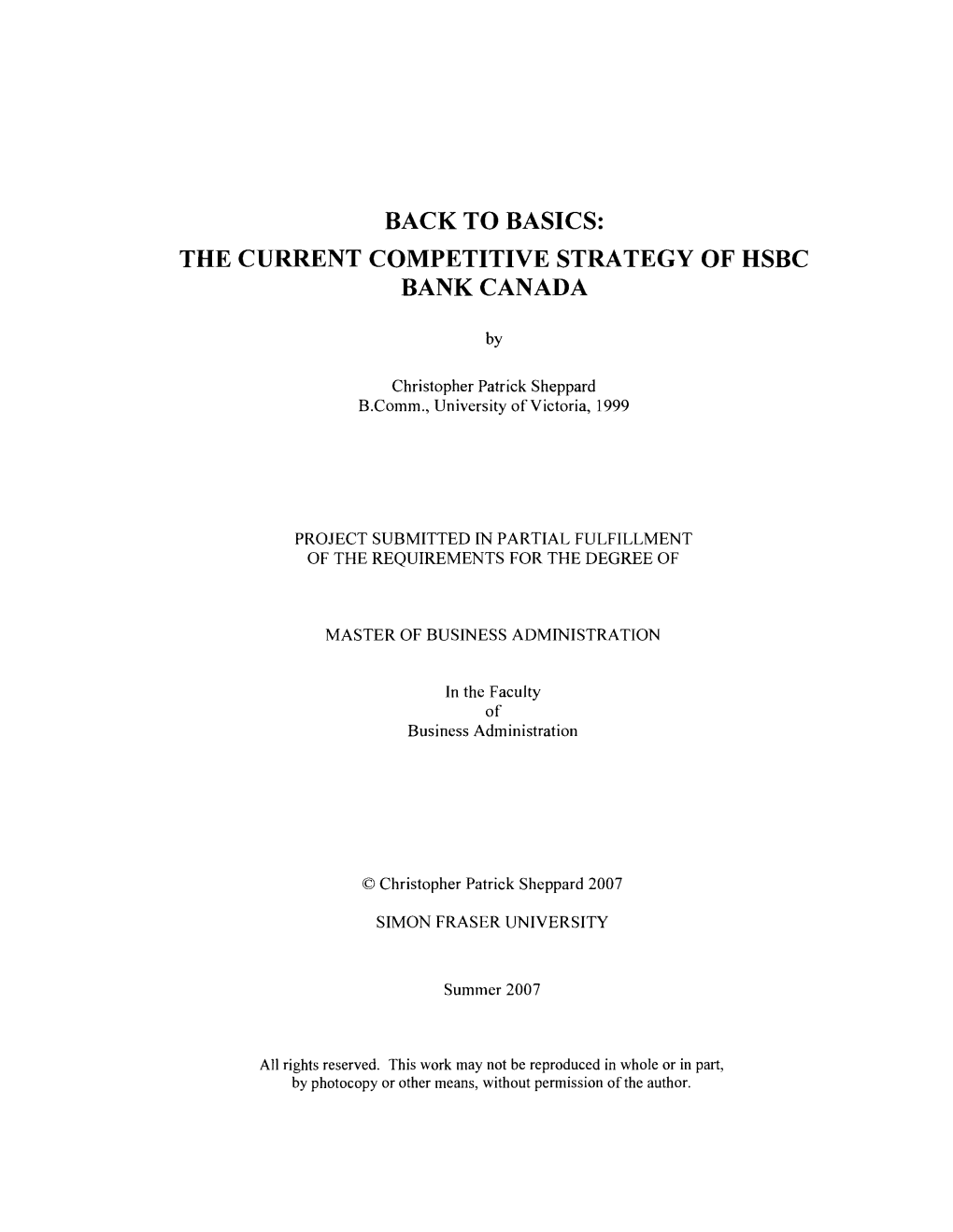 Back to Basics: the Current Competitive Strategy of Hsbc Bank Canada