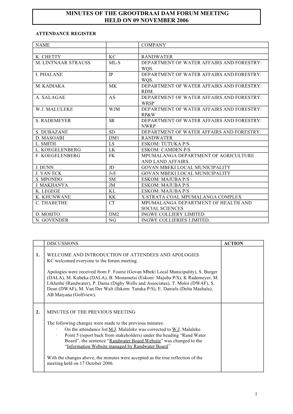 Minutes of the Grootdraai Dam Forum Meeting Held on 09 November 2006