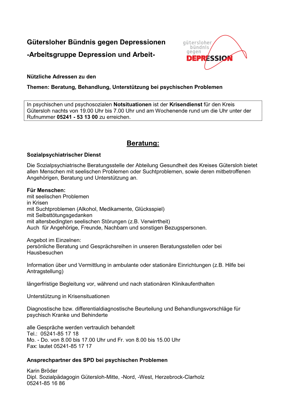 Gütersloher Bündnis Gegen Depressionen -Arbeitsgruppe Depression Und Arbeit