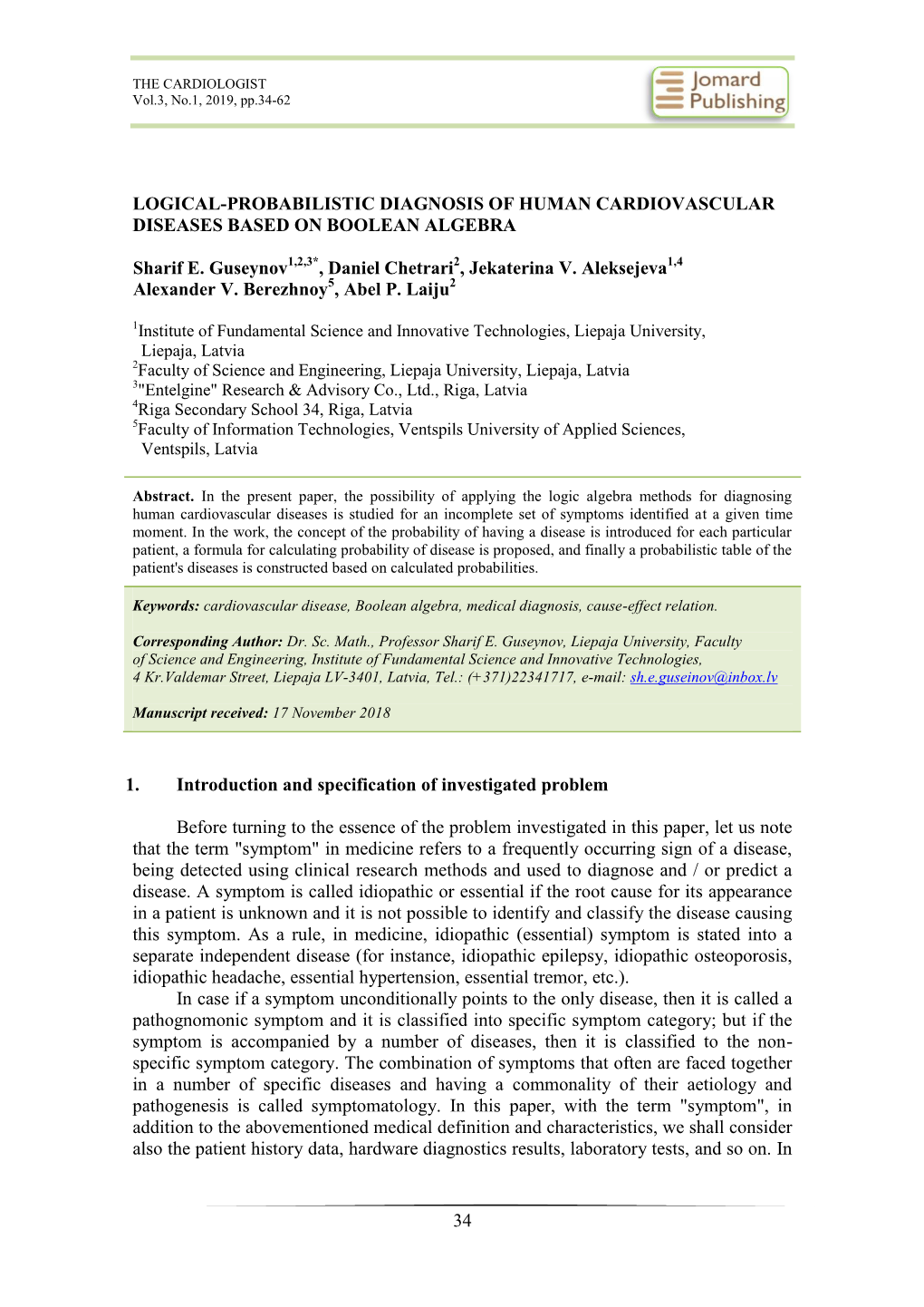 Logical-Probabilistic Diagnosis of Human Cardiovascular Diseases Based on Boolean Algebra