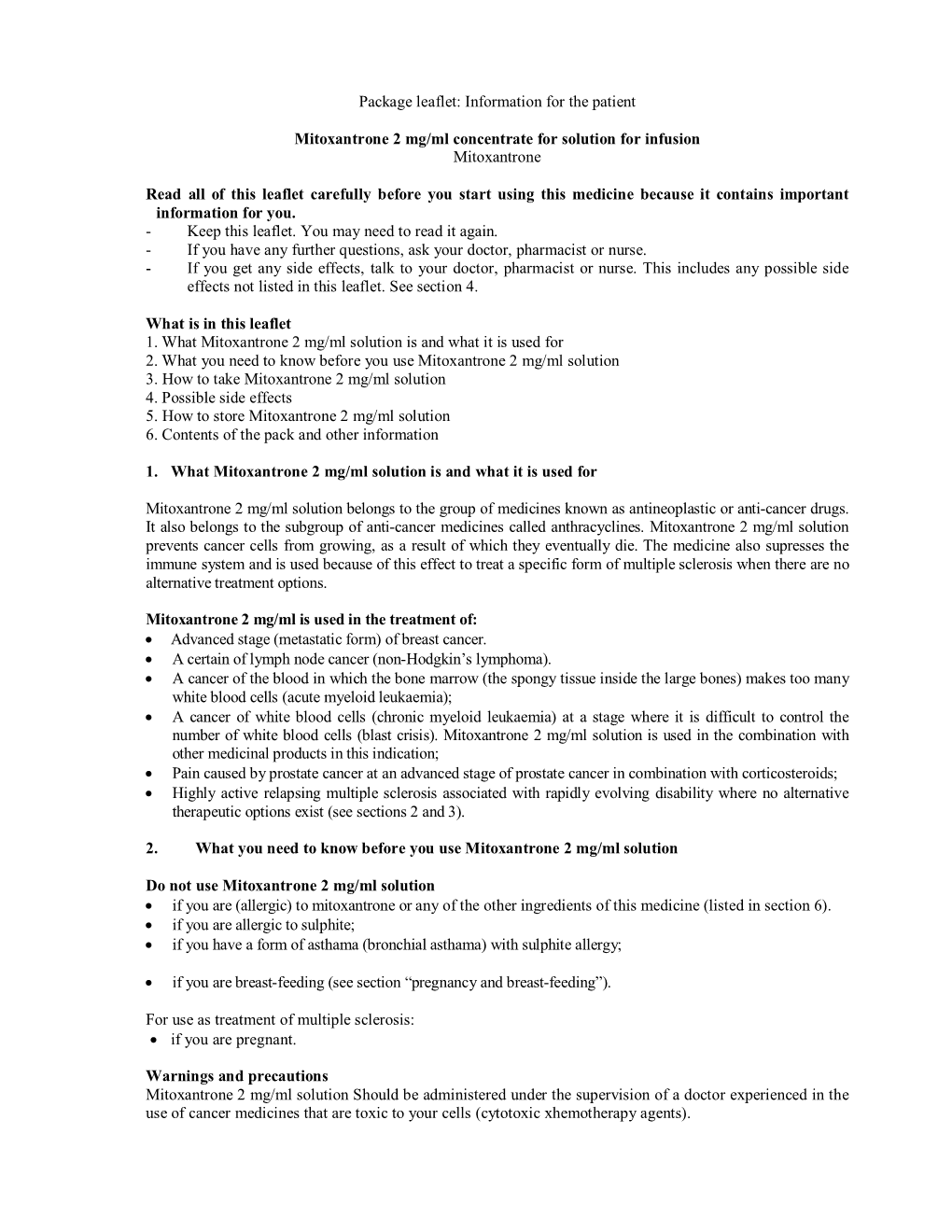 Package Leaflet: Information for the Patient Mitoxantrone 2 Mg/Ml