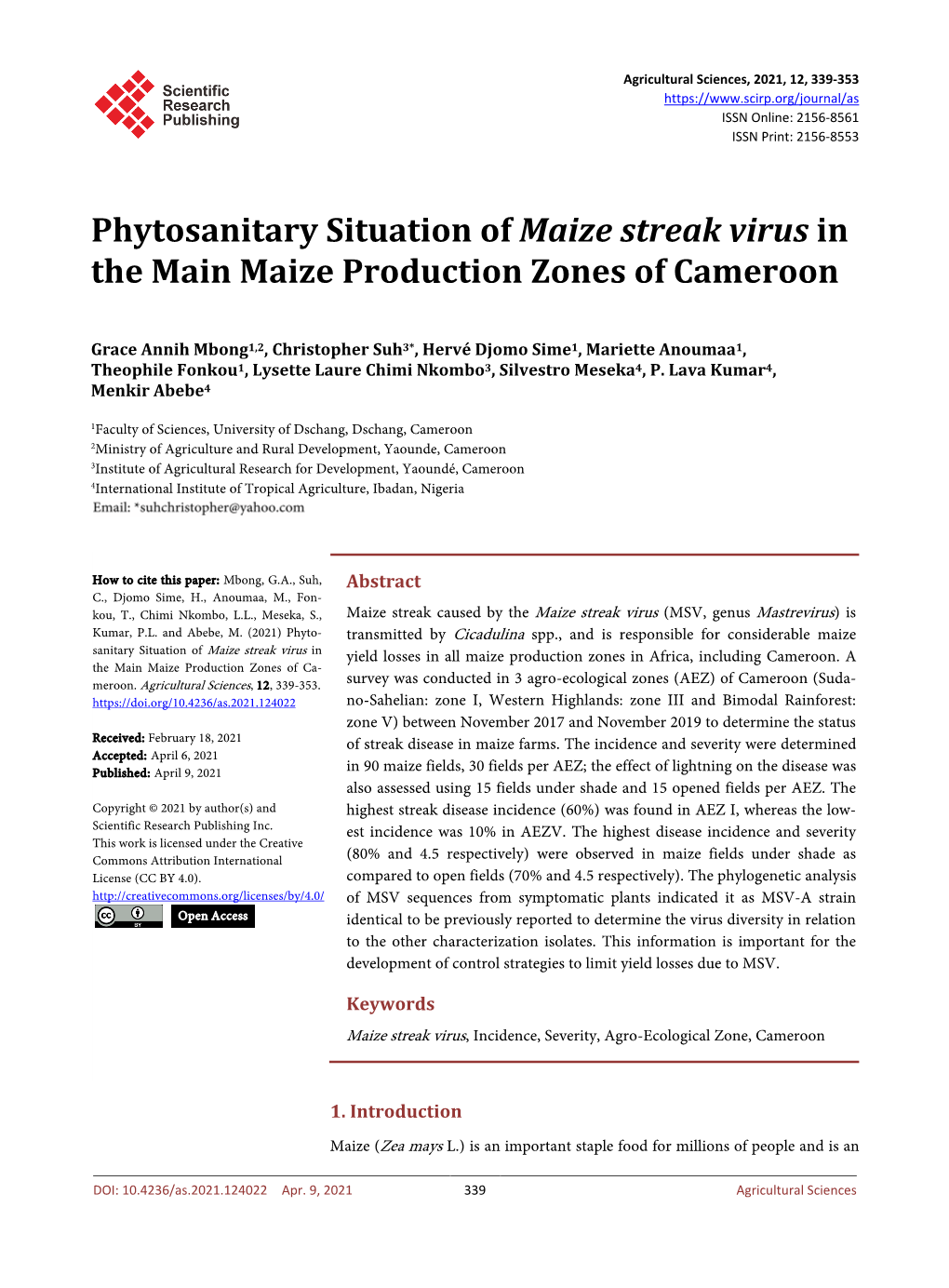 Phytosanitary Situation of Maize Streak Virus in the Main Maize Production Zones of Cameroon
