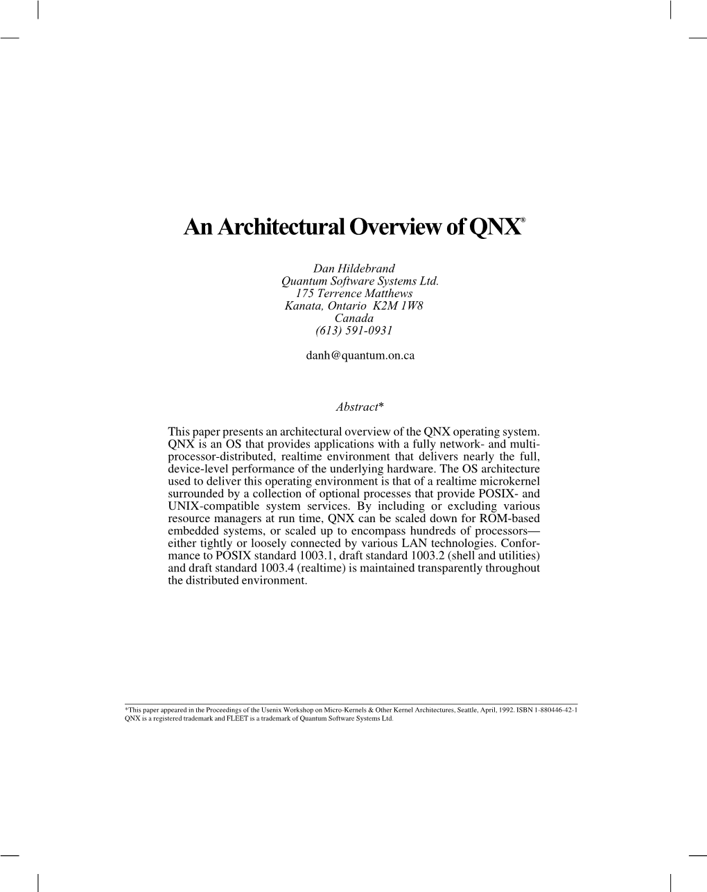 An Architectural Overview of QNX®
