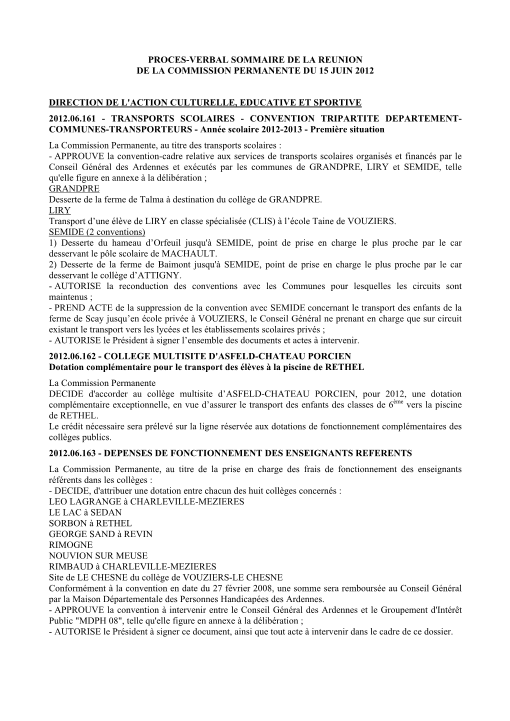 Proces-Verbal Sommaire De La Reunion De La Commission Permanente Du 15 Juin 2012