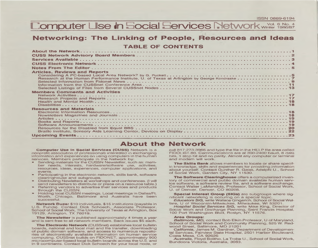 Networking: the Linking of People, Resources and Ideas TABLE of CONTENTS About the Network