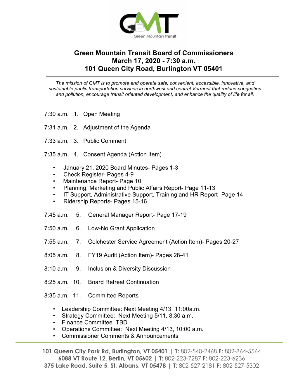 Green Mountain Transit Board of Commissioners March 17, 2020 - 7:30 A.M