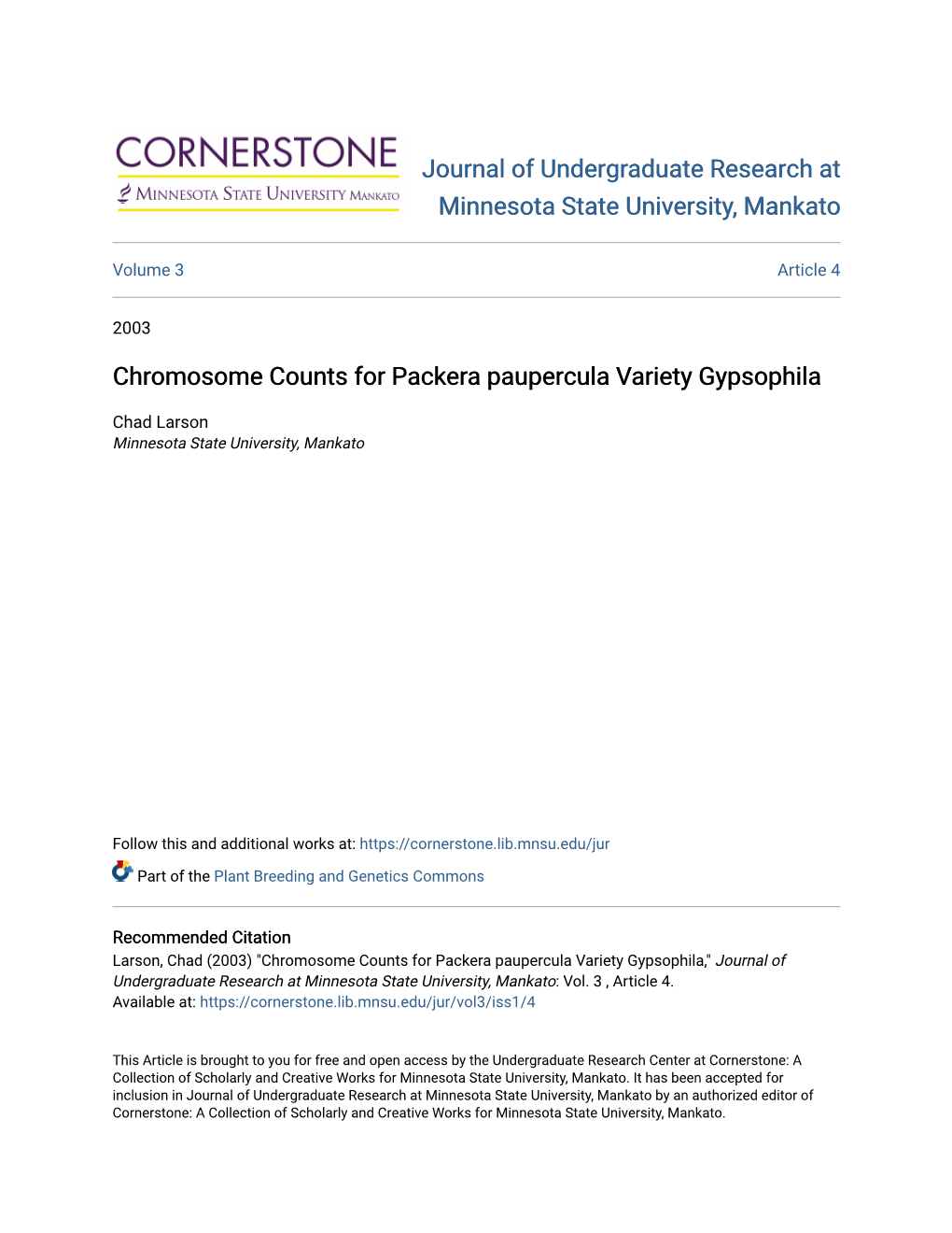 Chromosome Counts for Packera Paupercula Variety Gypsophila