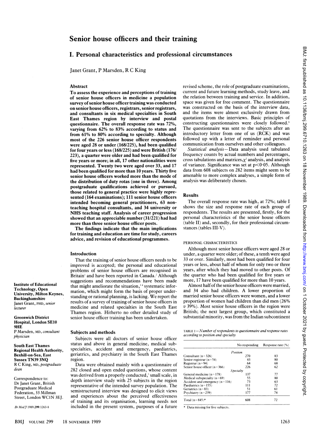 Senior House Officers and Their Training BMJ: First Published As 10.1136/Bmj.299.6710.1263 on 18 November 1989