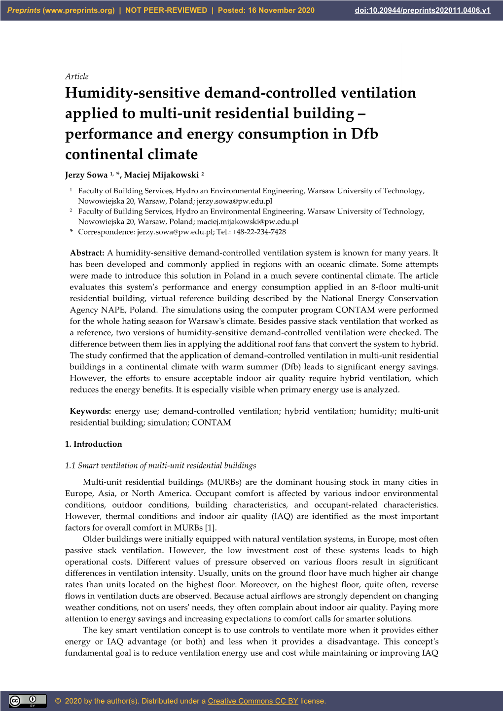 Humidity-Sensitive Demand-Controlled Ventilation Applied to Multi-Unit Residential Building – Performance and Energy Consumption in Dfb Continental Climate