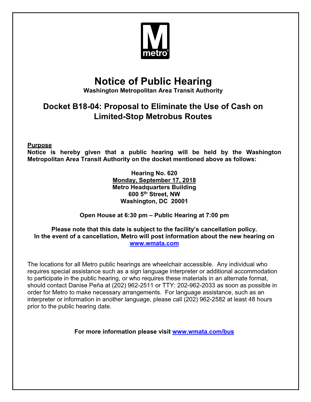 Notice of Public Hearing Washington Metropolitan Area Transit Authority