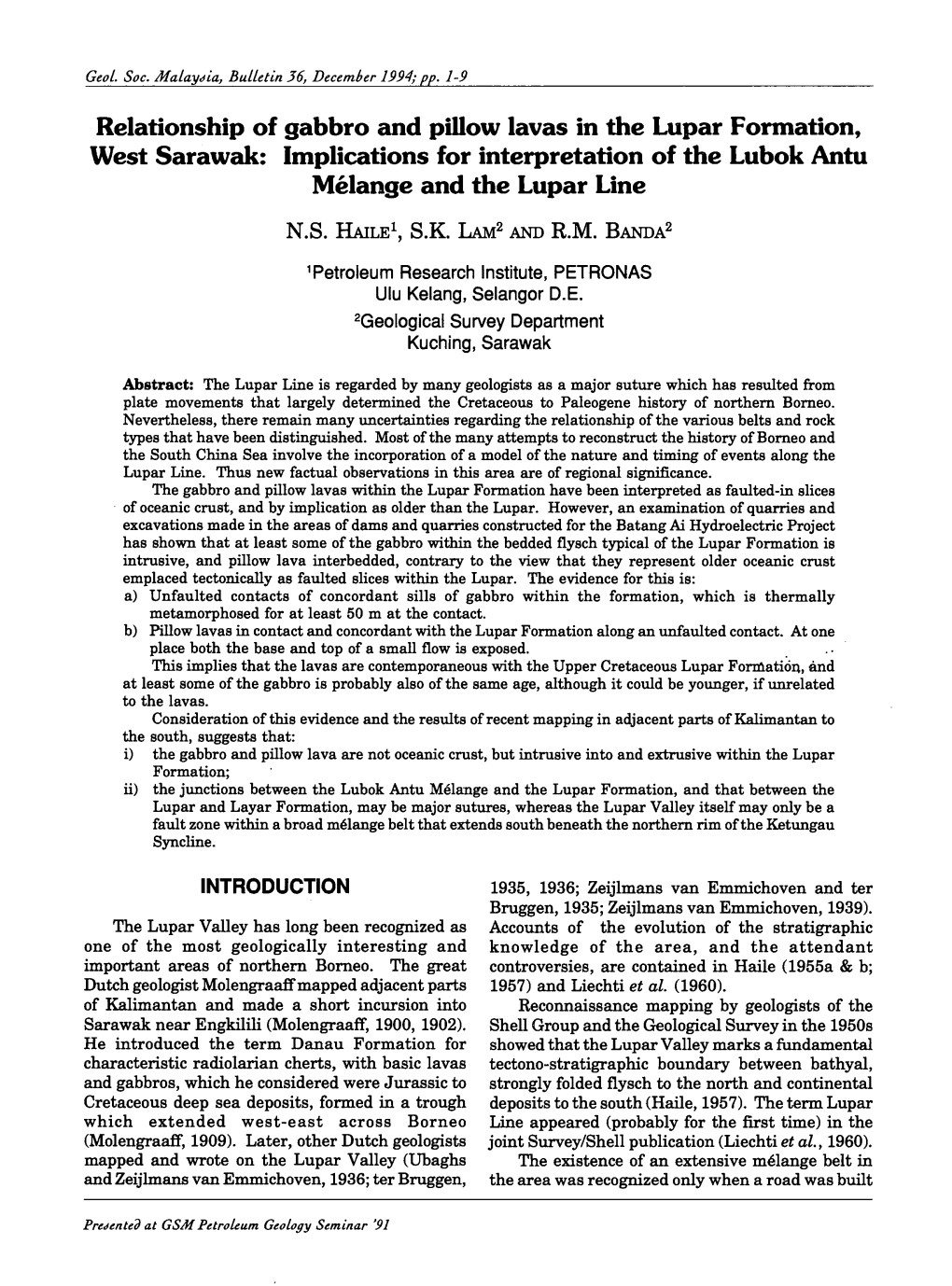 Relationship of Gabbro and Pillow Lavas in the Lupar Formation, West Sarawak: Implications for Interpretation of the Lubok Antu Melange and the Lupar Line