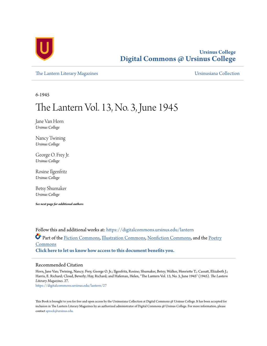 The Lantern Vol. 13, No. 3, June 1945 Jane Van Horn Ursinus College