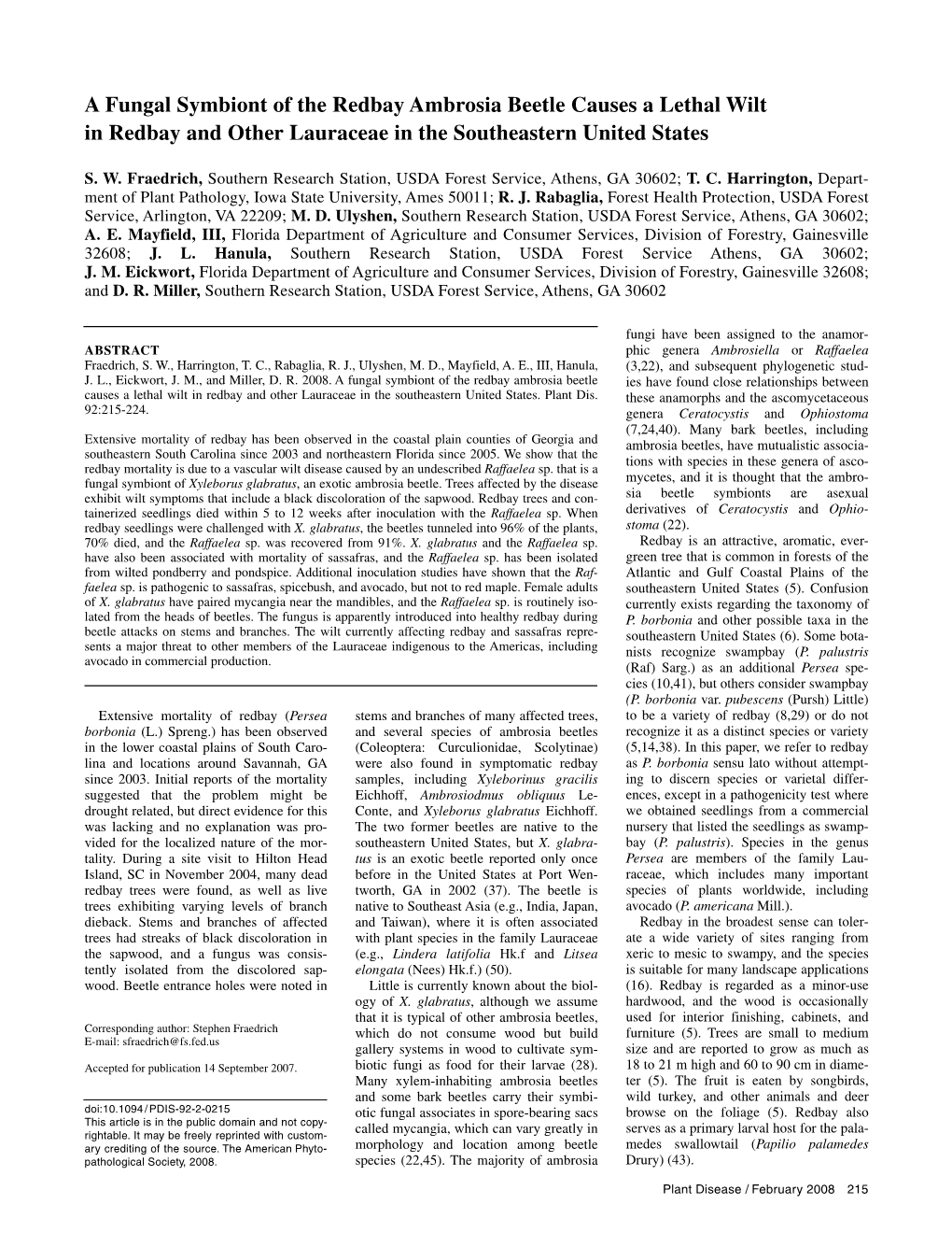 A Fungal Symbiont of the Redbay Ambrosia Beetle Causes a Lethal Wilt in Redbay and Other Lauraceae in the Southeastern United States