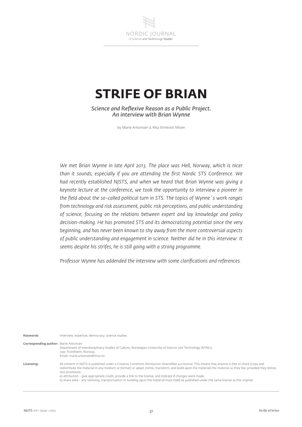 STRIFE of BRIAN Science and Reflexive Reason As a Public Project