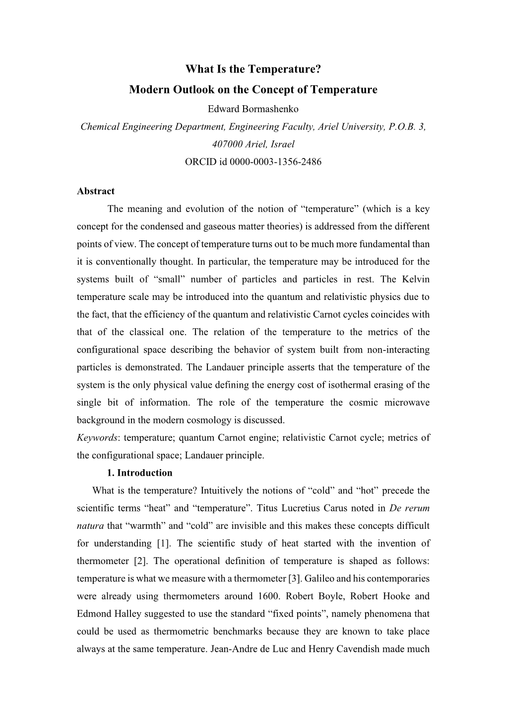 Modern Outlook on the Concept of Temperature Edward Bormashenko Chemical Engineering Department, Engineering Faculty, Ariel University, P.O.B