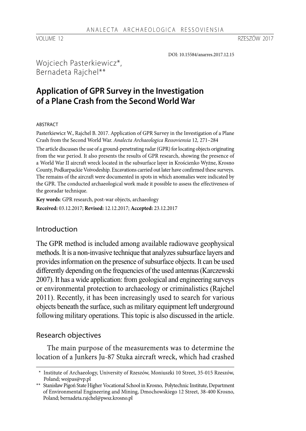 Application of GPR Survey in the Investigation of a Plane Crash from the Second World War