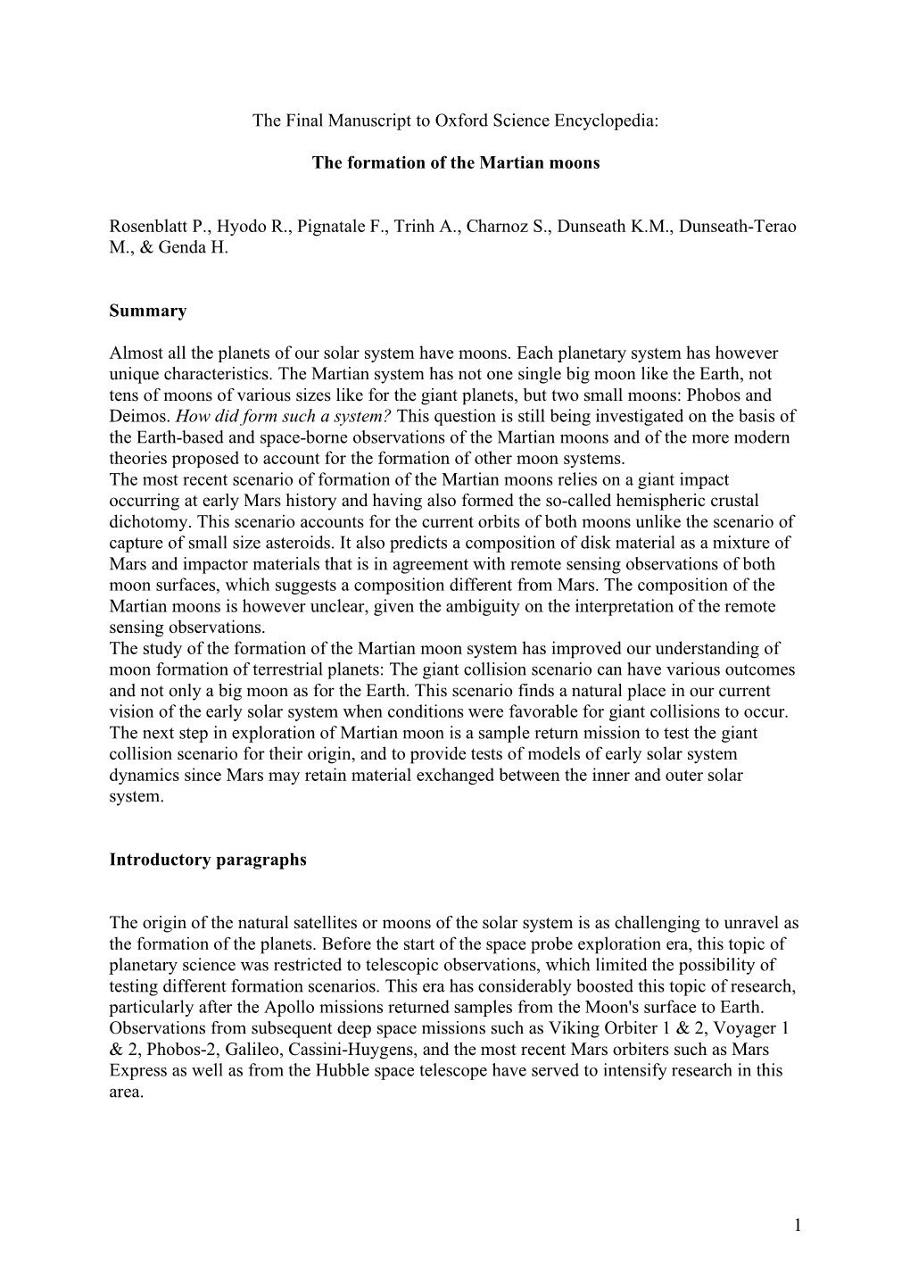 The Formation of the Martian Moons Rosenblatt P., Hyodo R