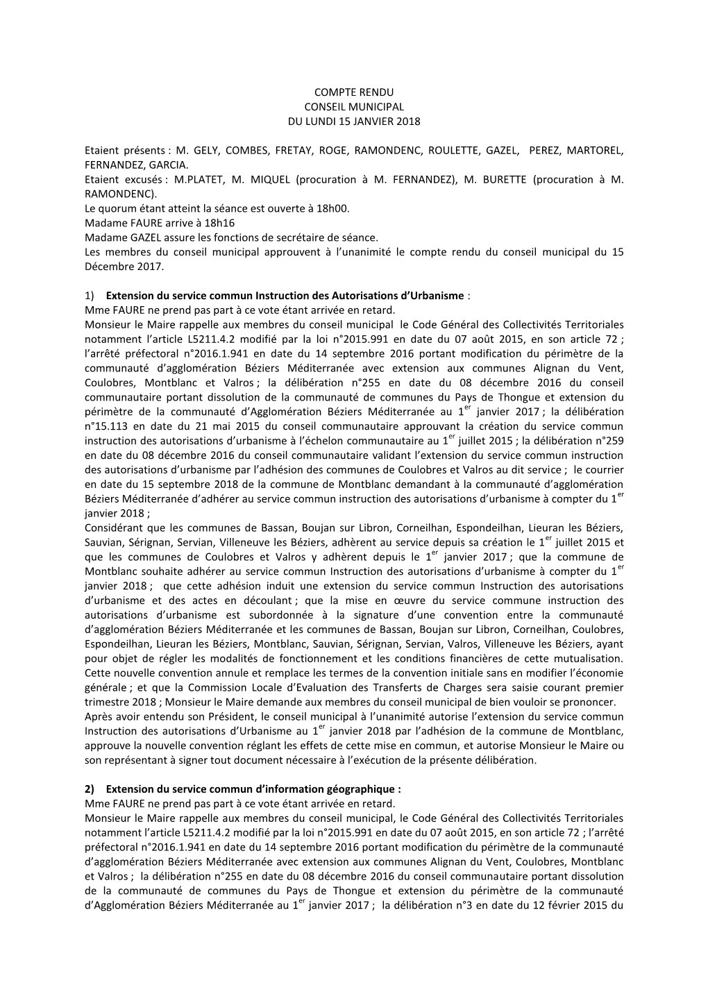 Compte Rendu Conseil Municipal Du Lundi 15 Janvier 2018