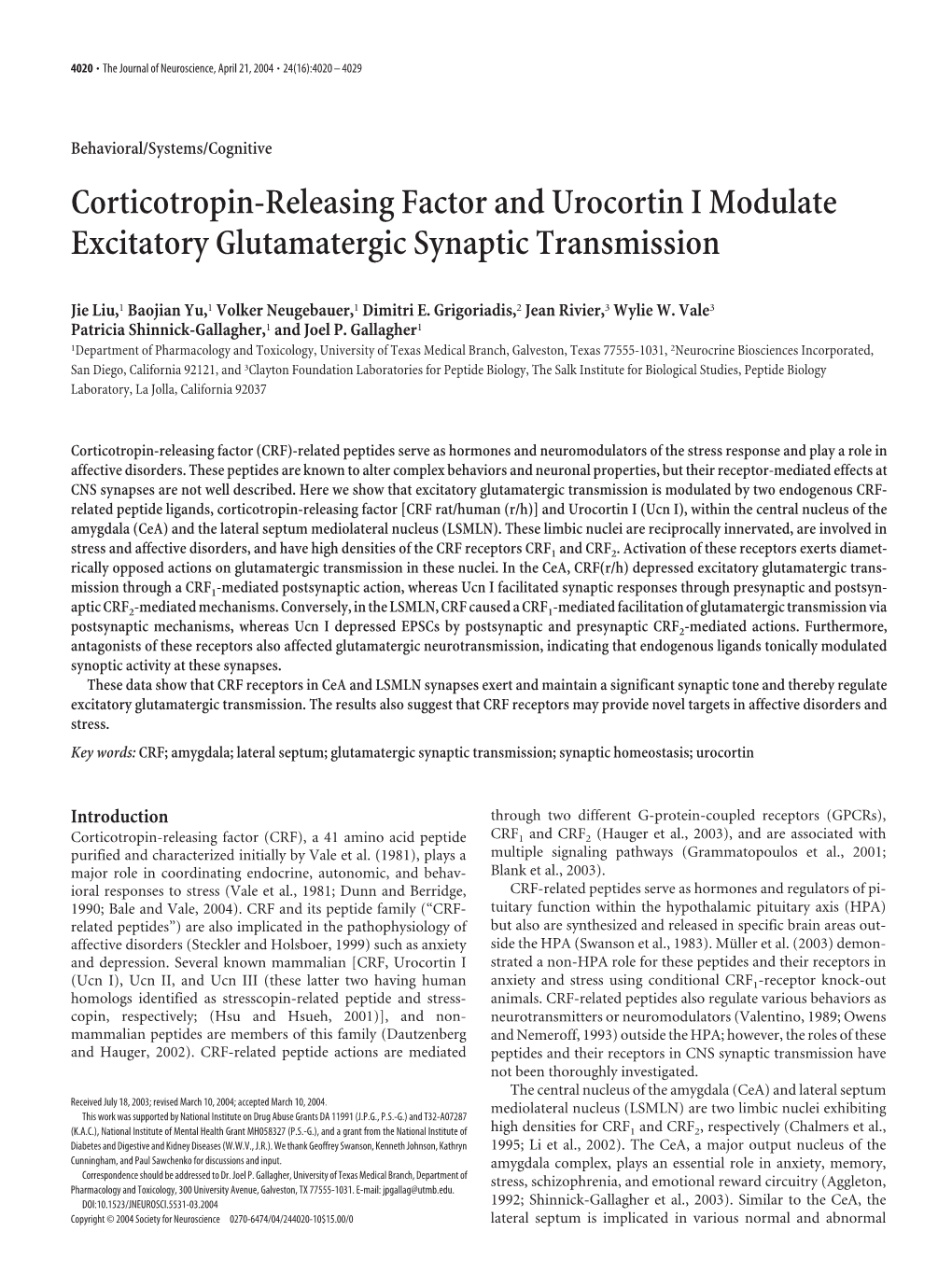 Corticotropin-Releasing Factor and Urocortin I Modulate Excitatory Glutamatergic Synaptic Transmission