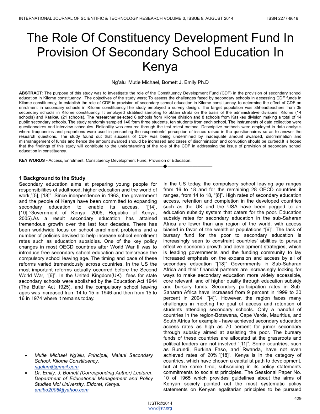 The Role of Constituency Development Fund in Provision of Secondary School Education in Kenya