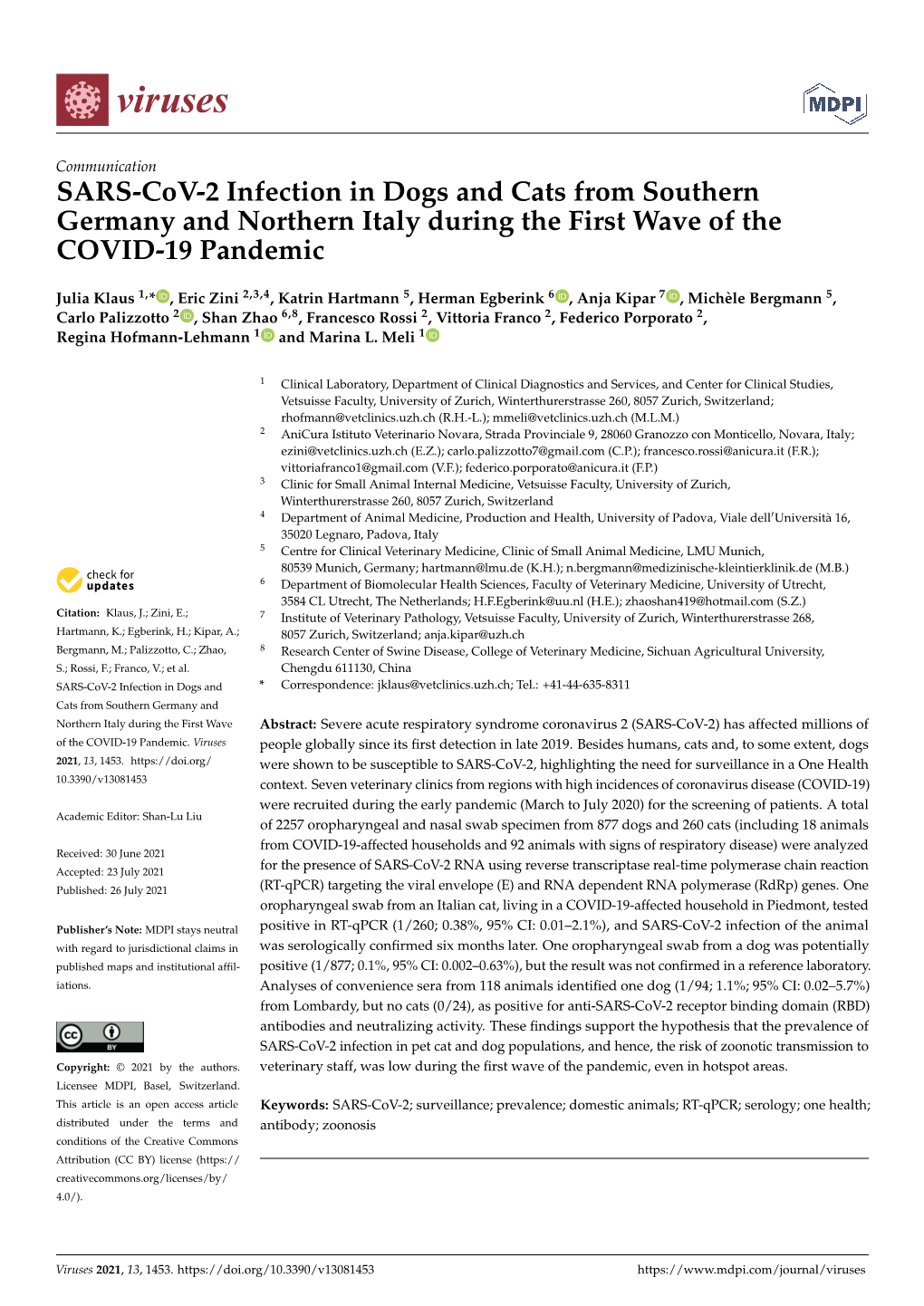 SARS-Cov-2 Infection in Dogs and Cats from Southern Germany and Northern Italy During the First Wave of the COVID-19 Pandemic